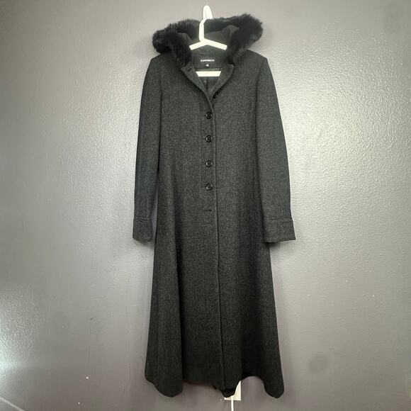 Donnybrook Women's Gray Wool Real Fur Trim Hooded Maxi Dress Coat Size 1